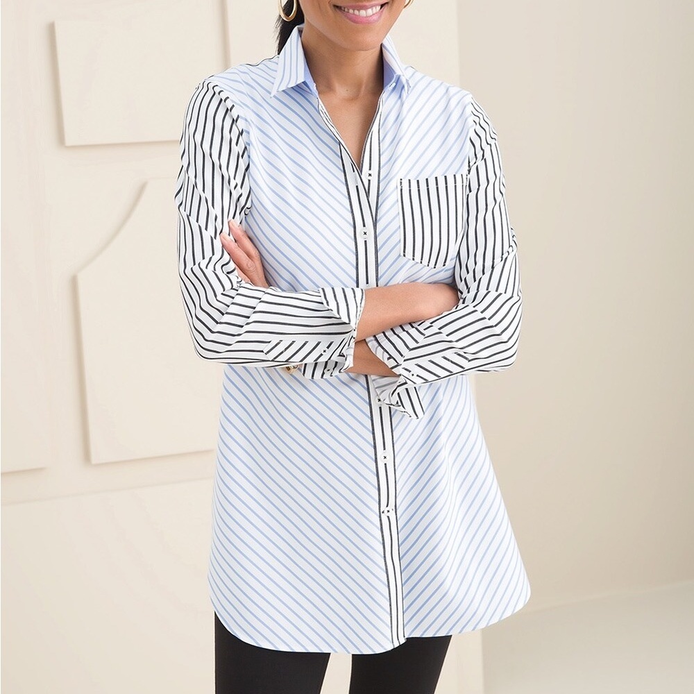 Chico’s XSP Blue Black Striped Tunic Button Down Top